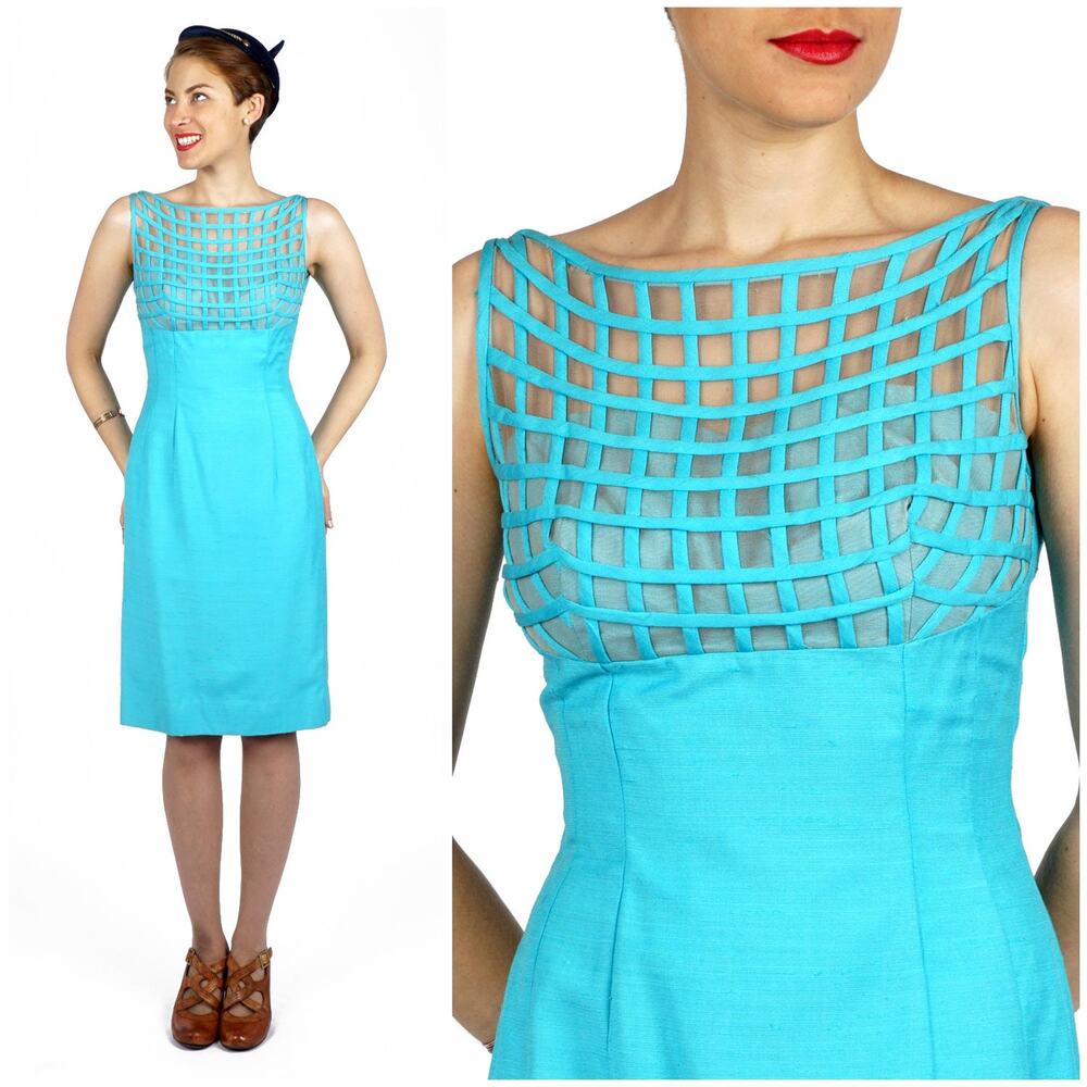 Vintage 1960s Aqua Blue Wiggle Dress Lattice Illusion Bodice Lilli Diamond | S